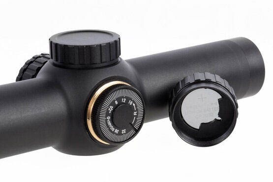 The Primary Arms ACSS AR-15 scope has covered elevation and windage adjustment knobs